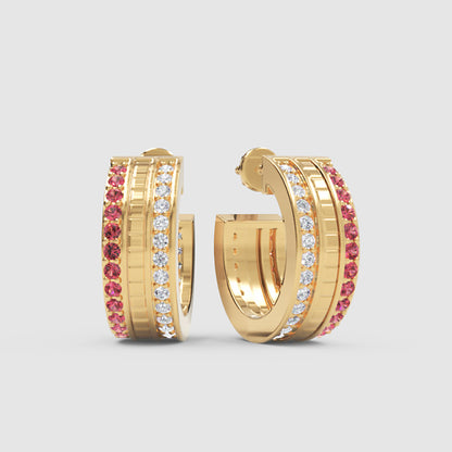 Ruby & Diamond Dual Row Hoop Earrings In Rose Gold – Luxury Festive Hoops | Jebij - Four