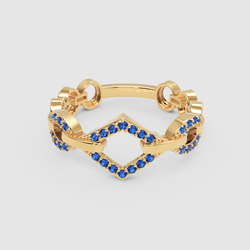 Blue Sapphire Chevron Chain Link Ring In White Gold | Geometric Double V Statement Ring For Women | Jebij - Four