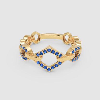 Blue Sapphire Chevron Chain Link Ring In White Gold | Geometric Double V Statement Ring For Women | Jebij - Four
