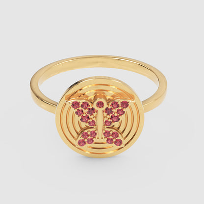 Rose Butterfly Medallion Ring With Pink Gemstones - Four