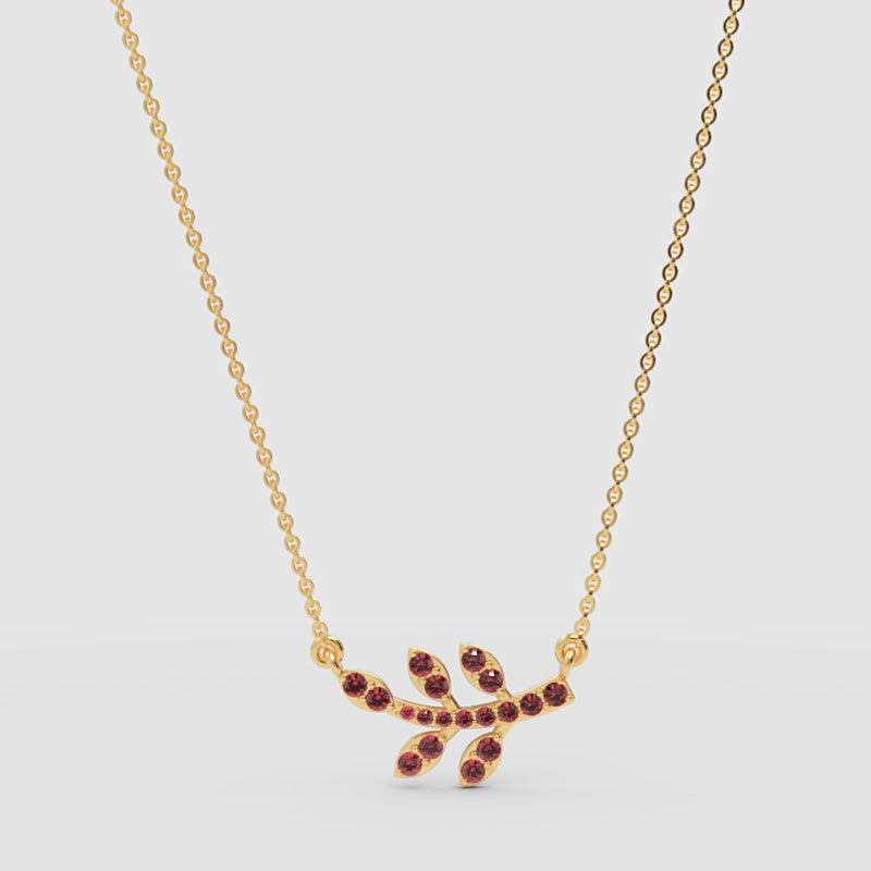 Garnet Leaf Branch Pendant Necklace With Rose Tone Chain - Four