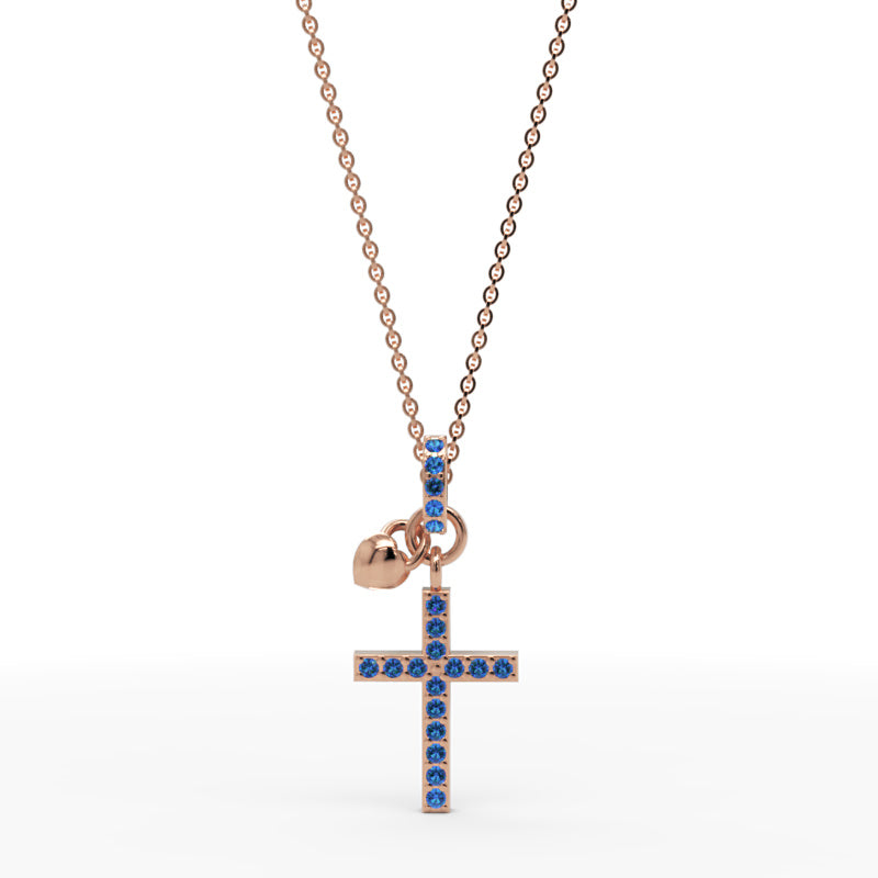 Blue Crystal Cross Pendant Necklace With Heart Charm - Three