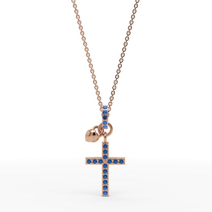 Blue Crystal Cross Pendant Necklace With Heart Charm - Three
