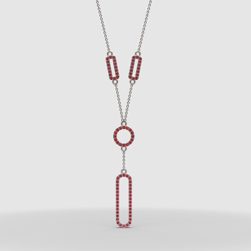 Lab-Grown Ruby Geometric Drop Y Necklace In Yellow Gold | Modern Pave Circle & Bar Design (16–17 Inch Adjustable) | Jebij - Four