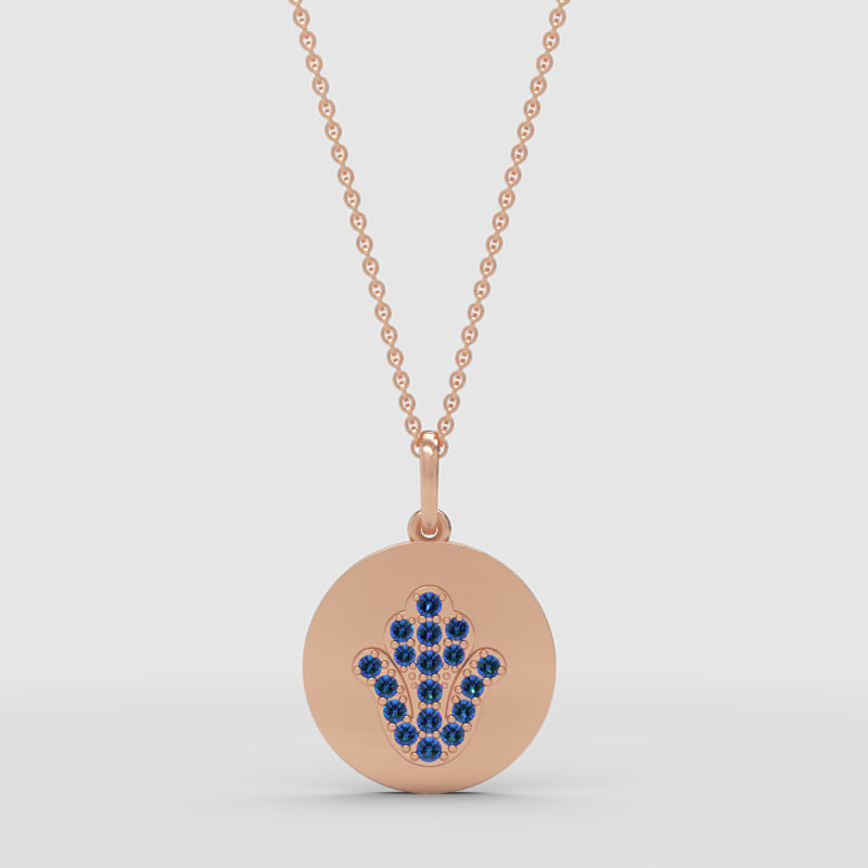 Blue Crystal Hamsa Hand Disc Pendant Necklace - Four