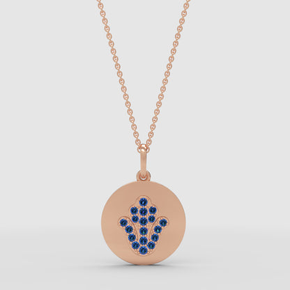 Blue Crystal Hamsa Hand Disc Pendant Necklace - Four