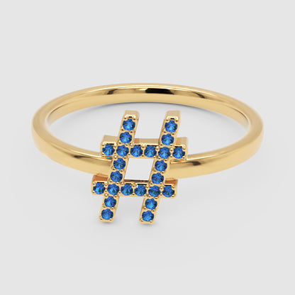 Blue Sapphire Hashtag Symbol Ring With Pav Stones - Four