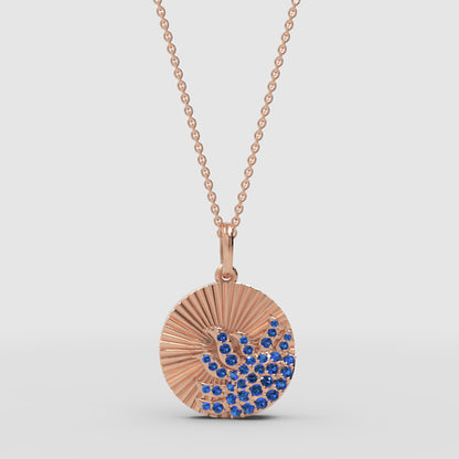 Blue Sapphire Sunburst Disc Pendant Necklace - Four
