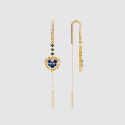 Blue Sapphire Heart Threader Earrings With Bar Drop - Four