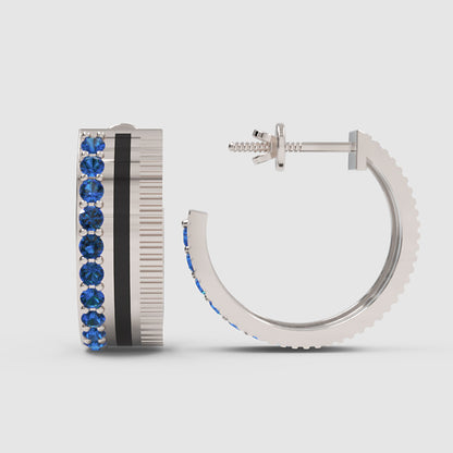 Blue Sapphire Hoop Earrings With Textured Design - Four