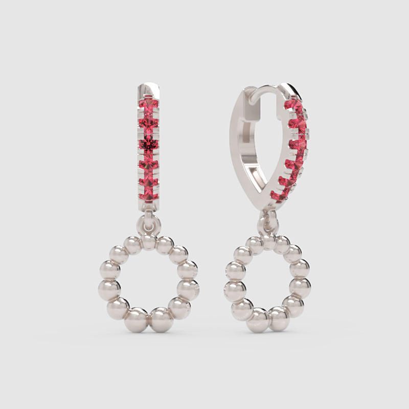 Pink Gemstone Huggie Hoop Earrings With Beaded Circle Drop Charms - Three