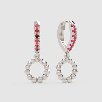 Pink Gemstone Huggie Hoop Earrings With Beaded Circle Drop Charms - Three