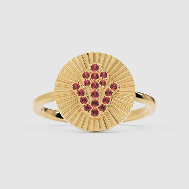 Ruby Hamsa Hand Disc Ring With Sunburst Detail - Four