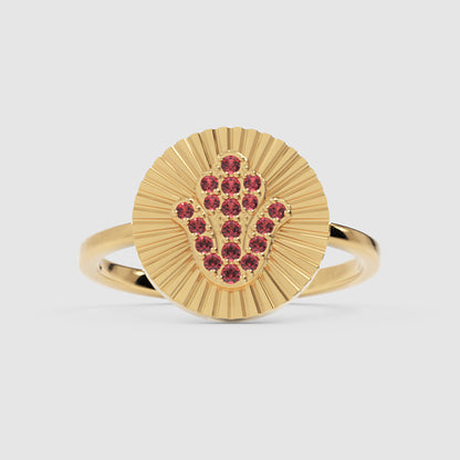 Ruby Hamsa Hand Disc Ring With Sunburst Detail - Four