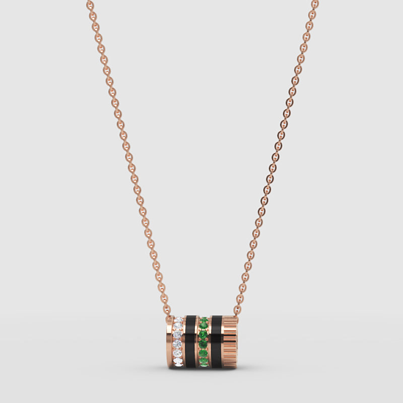 Yellow Gold Multi-Band Barrel Pendant Necklace With Diamond, Green Gemstone & Enamel | Jebij - Four