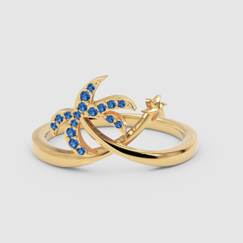 Blue Stone Star & Crescent Moon Ring In White Gold - Five
