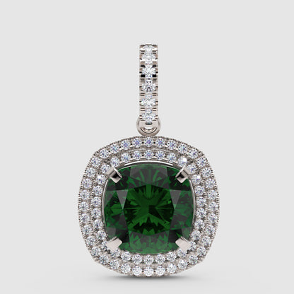 Cushion Cut Green Emerald Double Halo Pendant With Diamond Accents - Four
