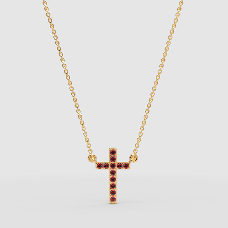 Red Crystal Cross Pendant Necklace With Rose Tone Chain - Four