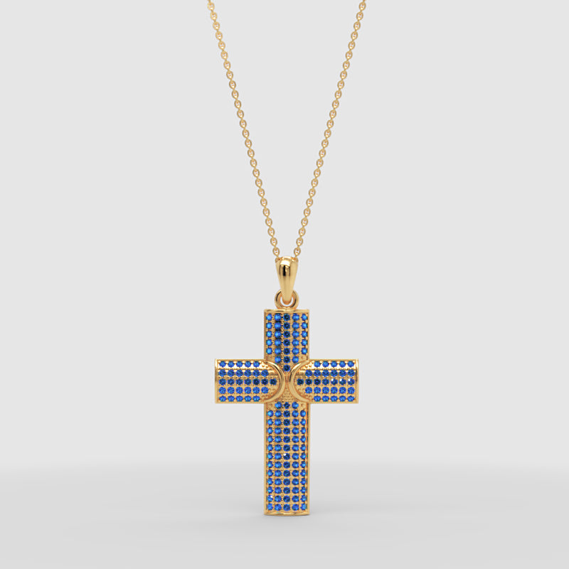 Blue Pav Cross Pendant Necklace - Three