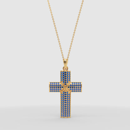 Blue Pav Cross Pendant Necklace - Three