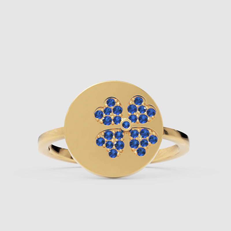 Blue Sapphire Four Leaf Clover Disc Ring - Four