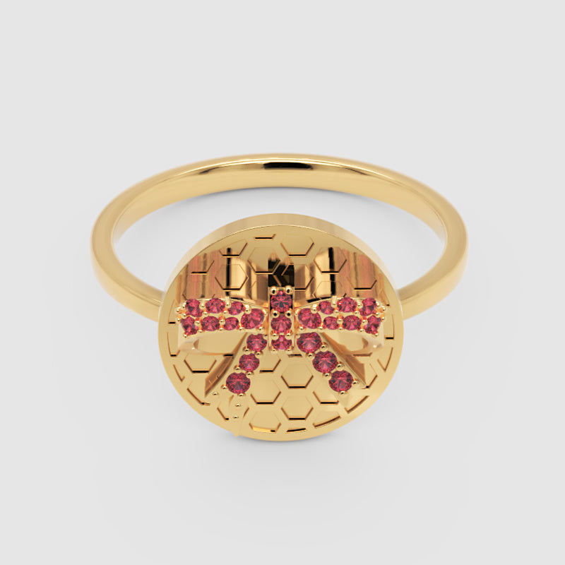 Honeycomb Bee Ring With Pink Gemstones  Rose Tone Disc Ring - Four
