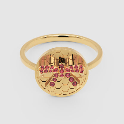 Honeycomb Bee Ring With Pink Gemstones  Rose Tone Disc Ring - Four