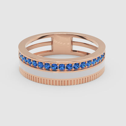 White Gold Blue Sapphire Band Ring With White Enamel Center – Modern Customizable Statement Ring | Jebij - Six