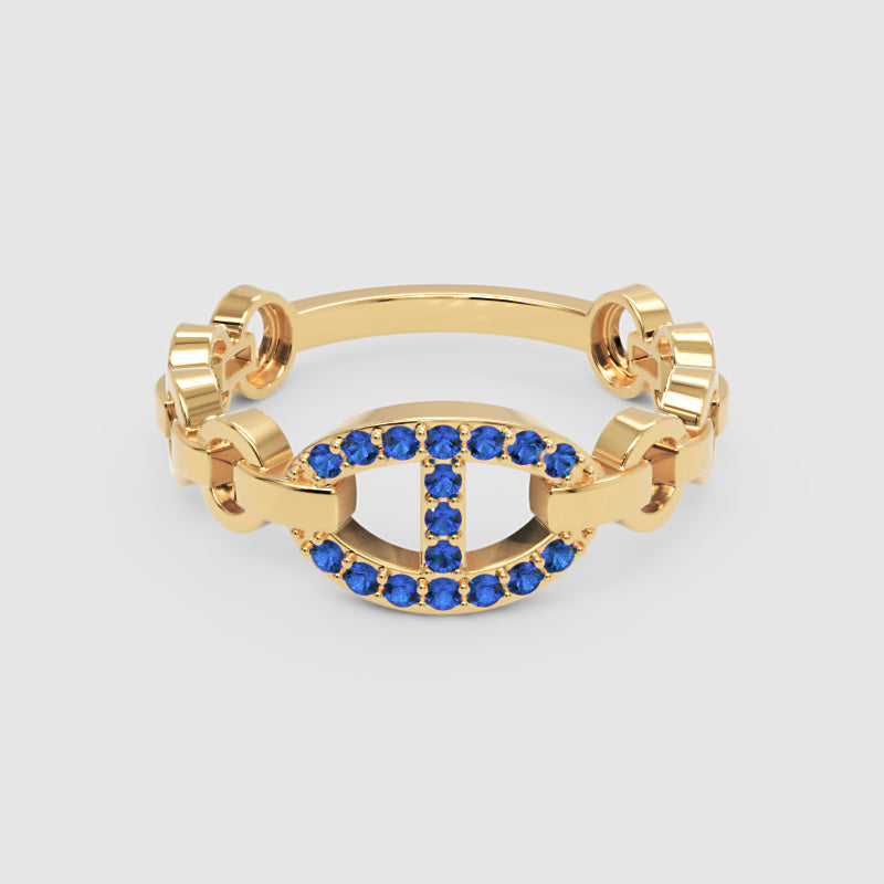 Blue Sapphire Oval Ring (Lab-Grown) | White Gold Chain Link Bar Design For Women | Jebij - Four