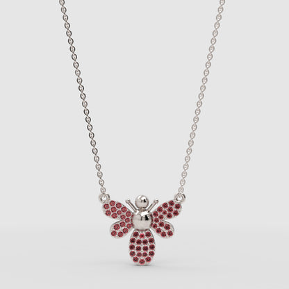 Pink Crystal Bee Pendant Necklace With Rose Tone Chain - Four