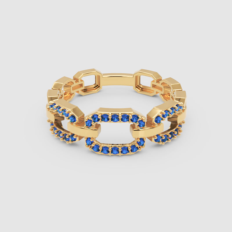 Blue Sapphire Chain Link Ring In White Gold | Double Pave Interlocking Statement Luxury Ring For Women | Jebij - Four