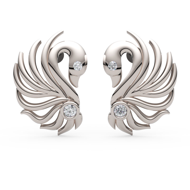 Gold Feather Stud Earrings With Peacock Accent - One