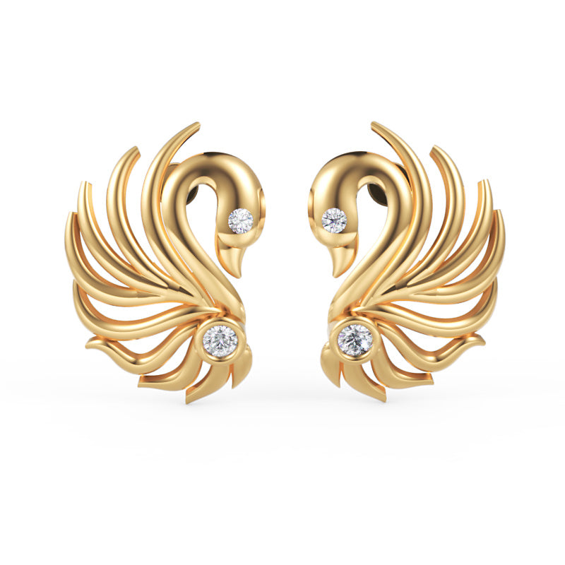 Gold Feather Stud Earrings With Peacock Accent - Six