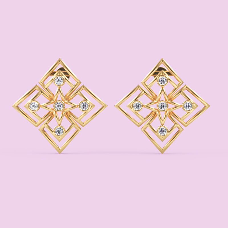 15 MM Gold Geometric Diamond Pattern Stud Earrings