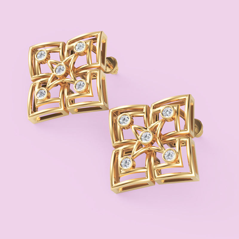 15 MM Gold Geometric Diamond Pattern Stud Earrings