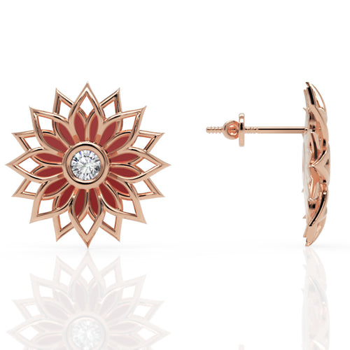Red Enamel Sunflower Diamond Stud Earrings in White Gold