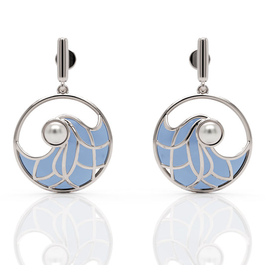 Gold Turquoise Enamel Pearl Drop Earrings  21mm Round Dangle Earrings