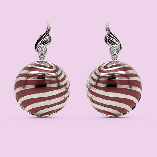 Red and White Striped Enamel Ball Drop Earrings with Crystal Accents