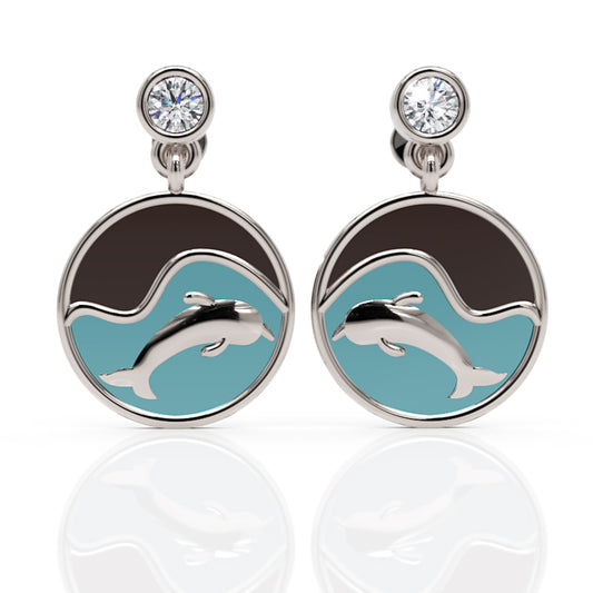Gold Dolphin Enamel Drop Earrings with Crystal Stud  Blue Wave Design Dangle Earrings