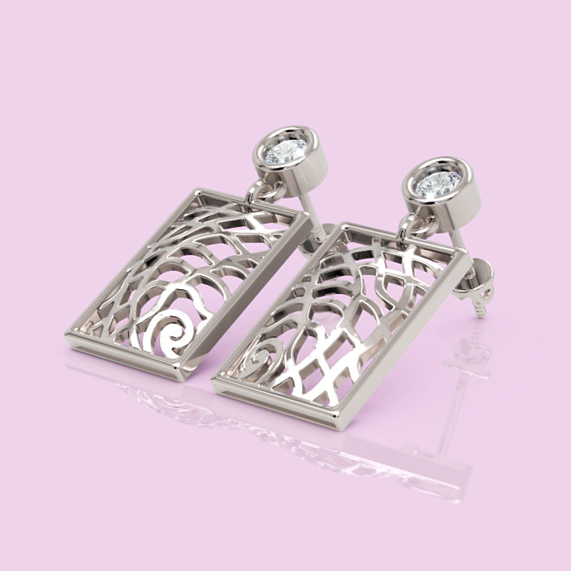 14K Gold Filigree Rectangle Earrings Diamond Studs