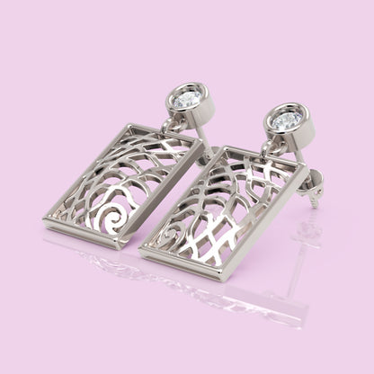 14K Gold Filigree Rectangle Earrings Diamond Studs
