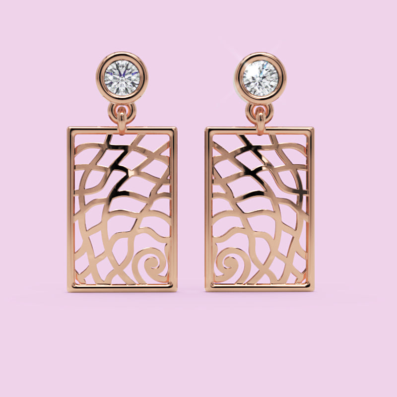 14K Gold Filigree Rectangle Earrings Diamond Studs