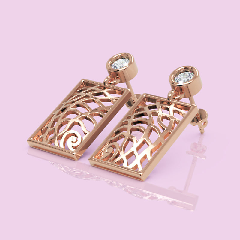 14K Gold Filigree Rectangle Earrings Diamond Studs