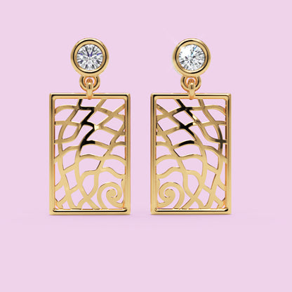 14K Gold Filigree Rectangle Earrings Diamond Studs
