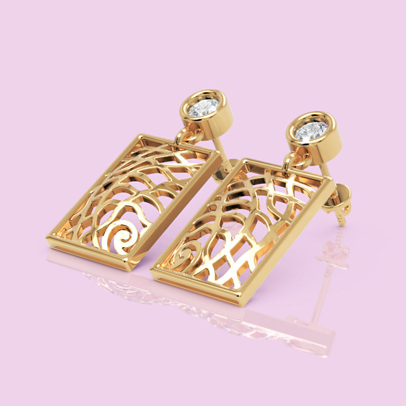 14K Gold Filigree Rectangle Earrings Diamond Studs