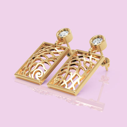 14K Gold Filigree Rectangle Earrings Diamond Studs