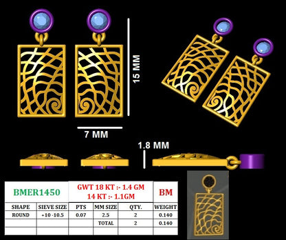 14K Gold Filigree Rectangle Earrings Diamond Studs