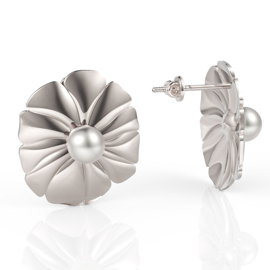 Gold Flower Stud Earrings with Pearl Center 13mm Round Design