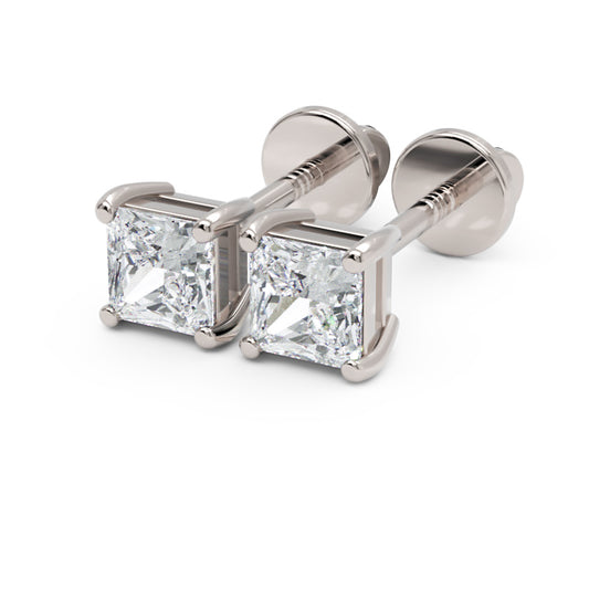 Princess Cut Diamond Stud Earrings with Screw Back in White Gold