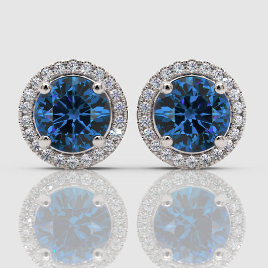 Blue Sapphire Diamond Halo Stud Earrings in White Gold